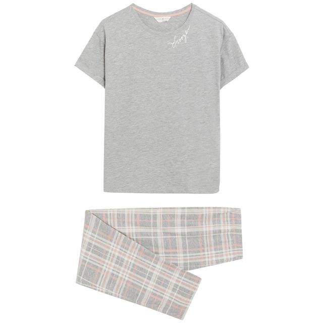 M & S Womens Cotton Rich Checked Pyjama Set, Small, Grey