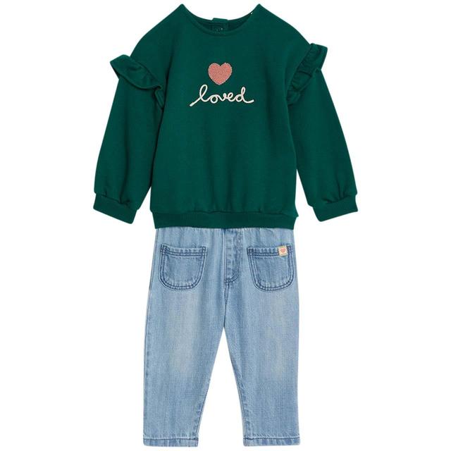 M & S Cotton Heart Sweat and Jean Outfit ’0-3 M Green Mix, 0-3 Months