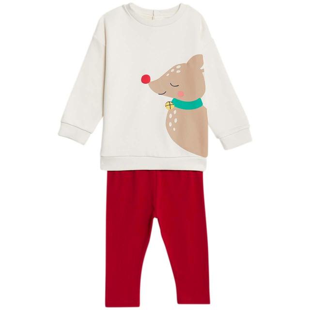 M & S Cotton Reindeer Sweat Outfit, 3-6 Months, Red