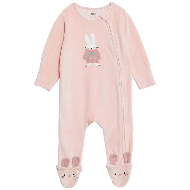 M & S Bunny Velour Sleepsuit, 0-3 Months, Pink