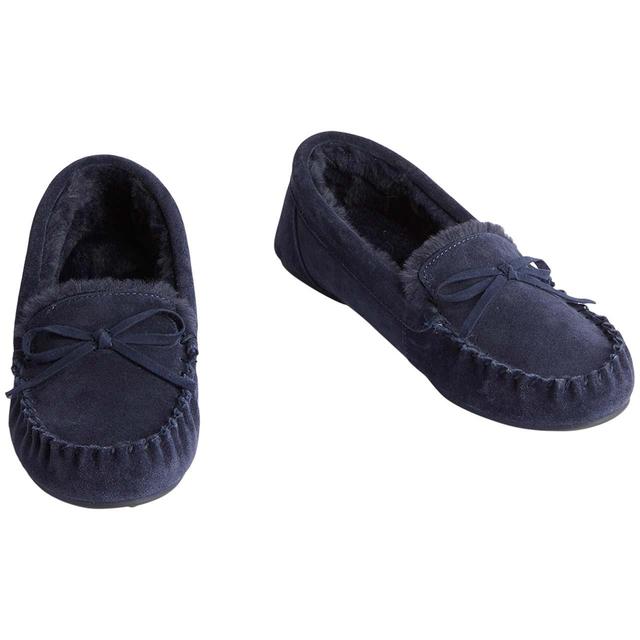 M & S Suede Bow Fur Lined Moccasin Slippers 5 Midnight Navy