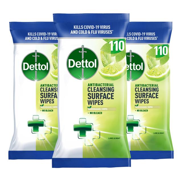 Dettol Antibacterial Multipurpose Lime & Mint Wipes, 3 x 110 per Pack