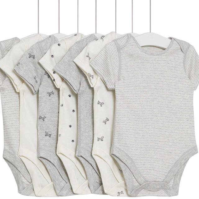 M & S Unisex Pure Cotton Dog & Striped Bodysuits, Newborn, Grey Marl, 7 per Pack