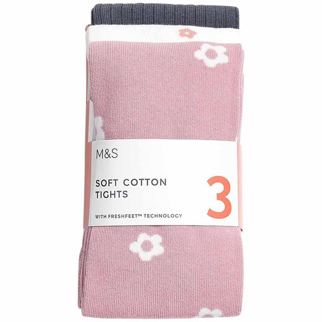M & S Girls Cotton Daisy Tights, 7-8 Yearsi, 3 per Pack