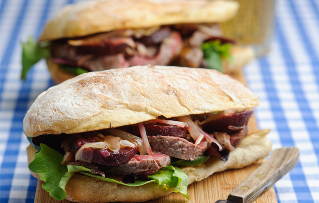 Warm Steak and Beetroot Sandwich with Honey and Mustard Dressing 