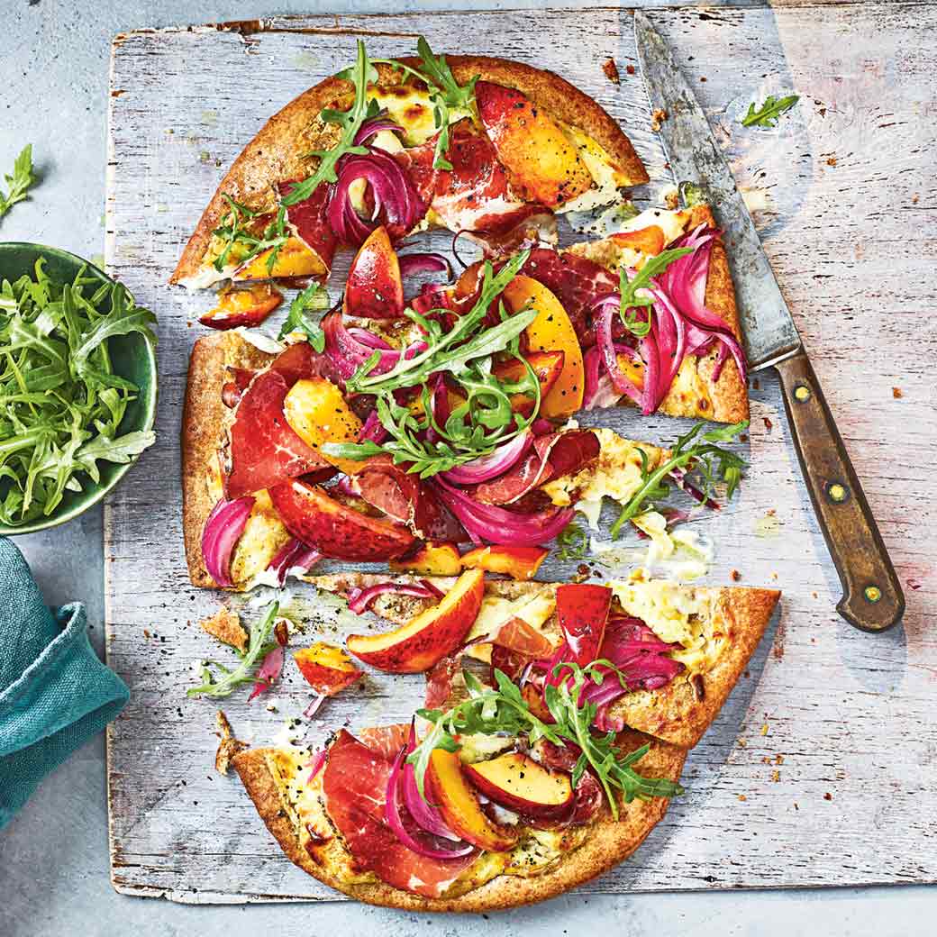 Nectarine, speck and mascarpone pizza