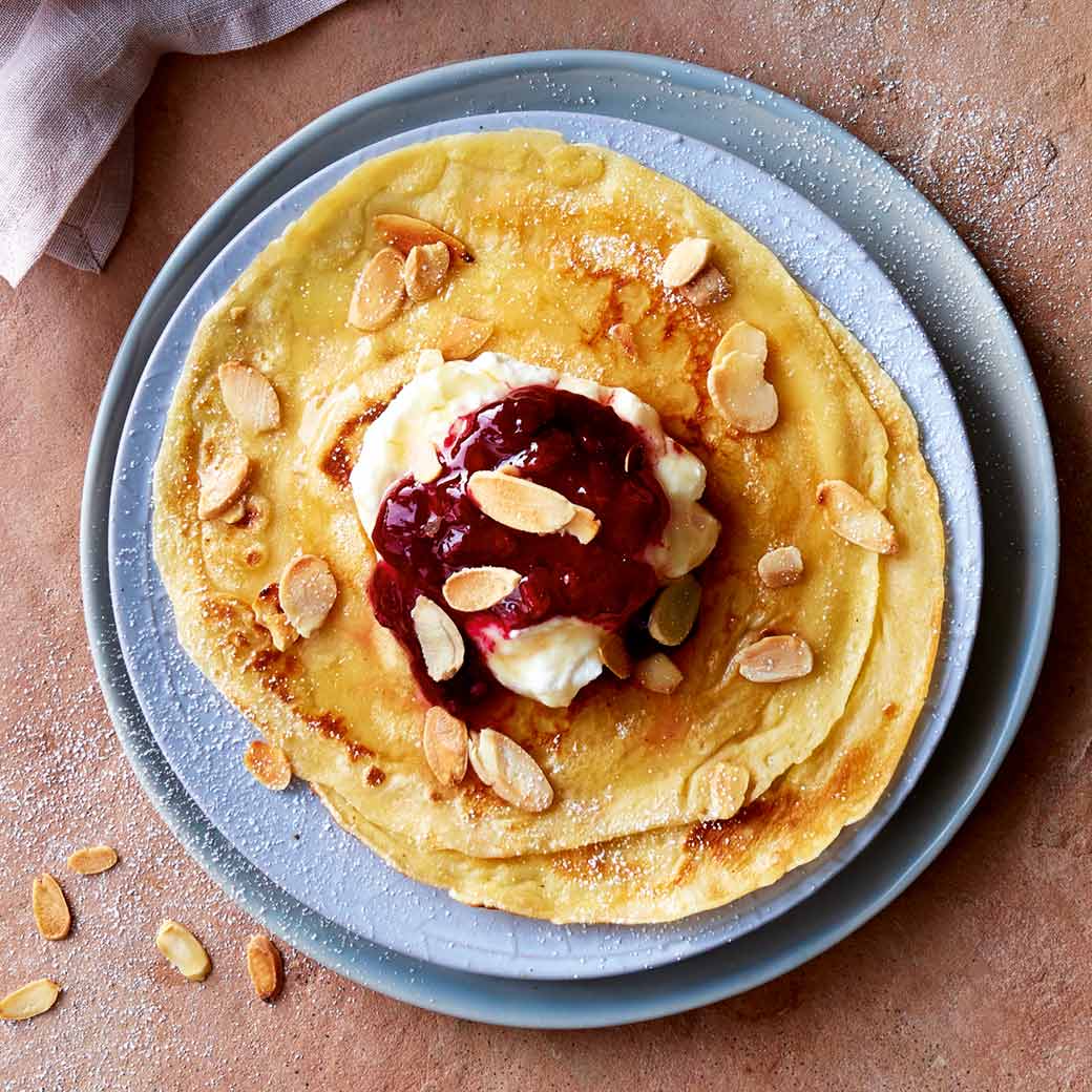 Sour cherry, sweet ricotta and honey pancake