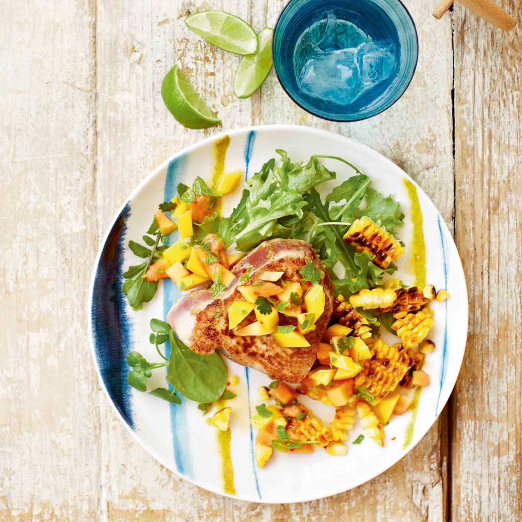 Tuna with papaya, mango and lime salsa, served with grilled corn