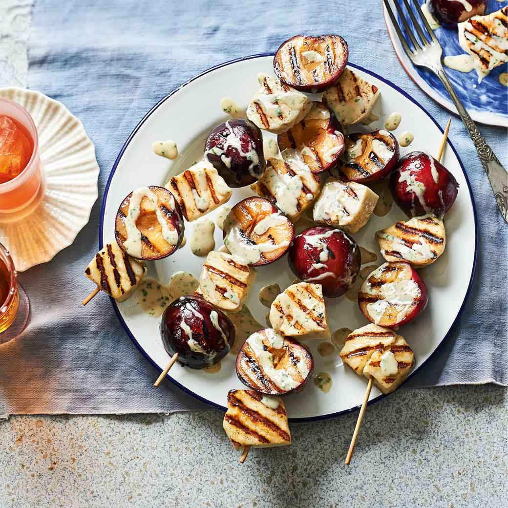 Plum and Halloumi Skewers with Tahini Dressing
