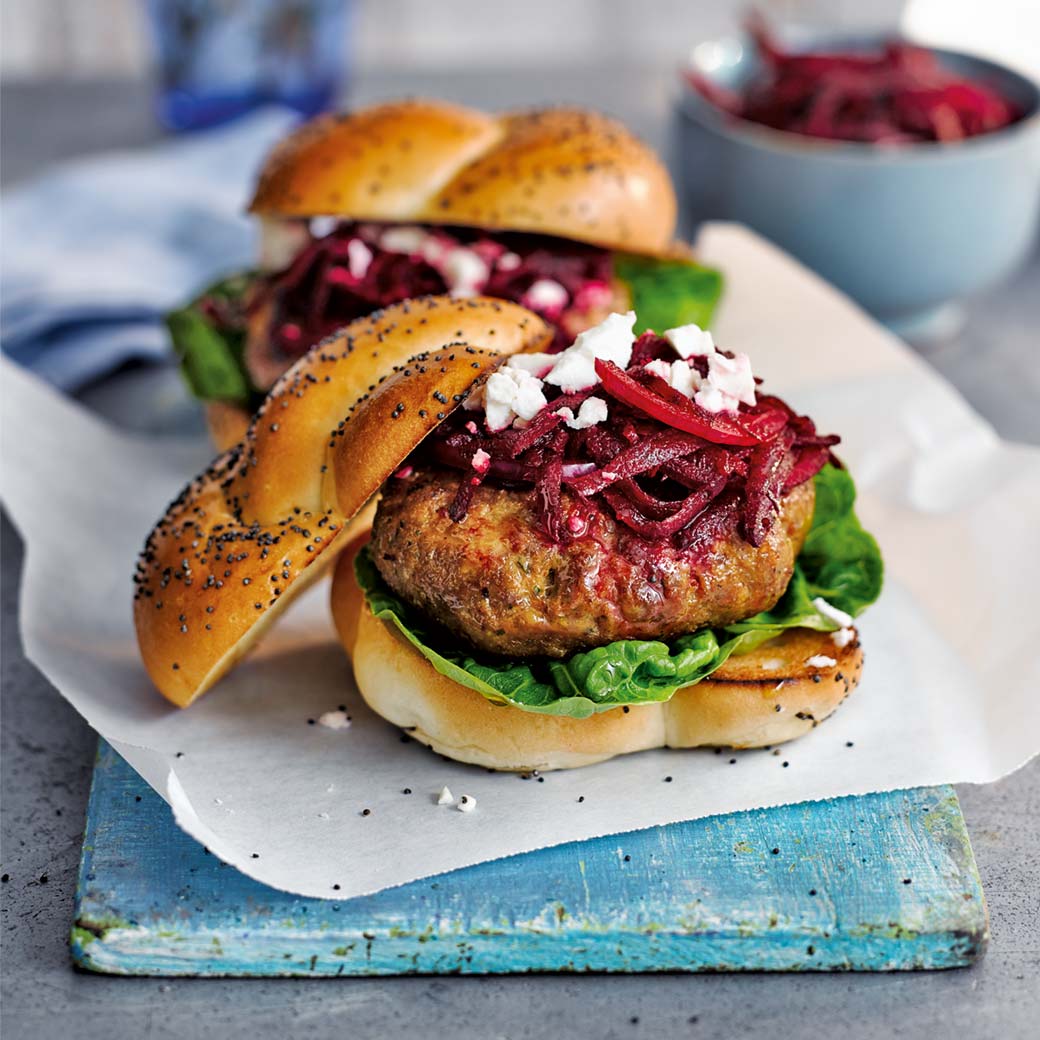Lamb and chickpea burgers with beetroot slaw and feta