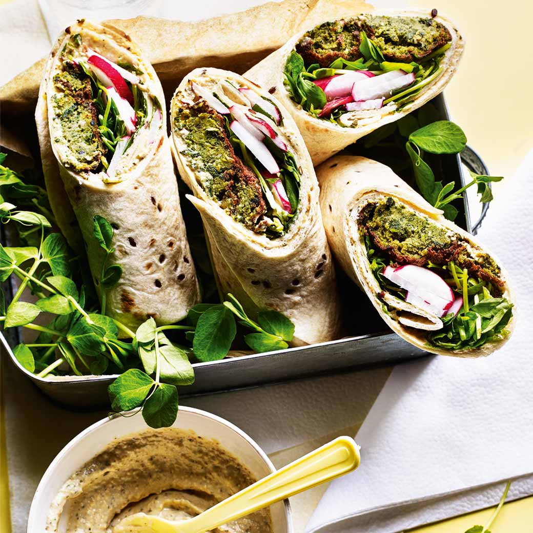 Spinach Falafel Wrap with Pea Shoot Salad