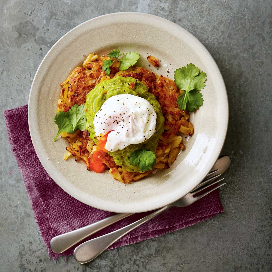 Potato rosti topped with guacamole and poached egg