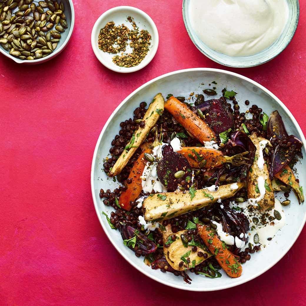 Za’atar veg and lentil bowls with tahini yogurt