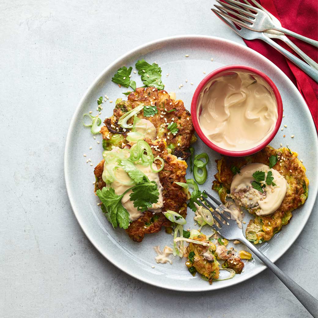 Halloumi, brussels sprout and sweetcorn fritters