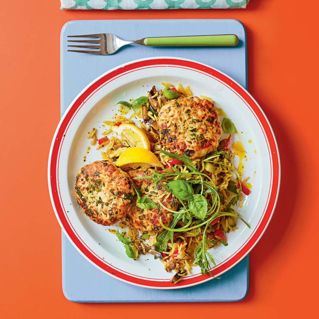 Basil And Smoked Houmous Turkey Patties With Summer Vegetable Rice