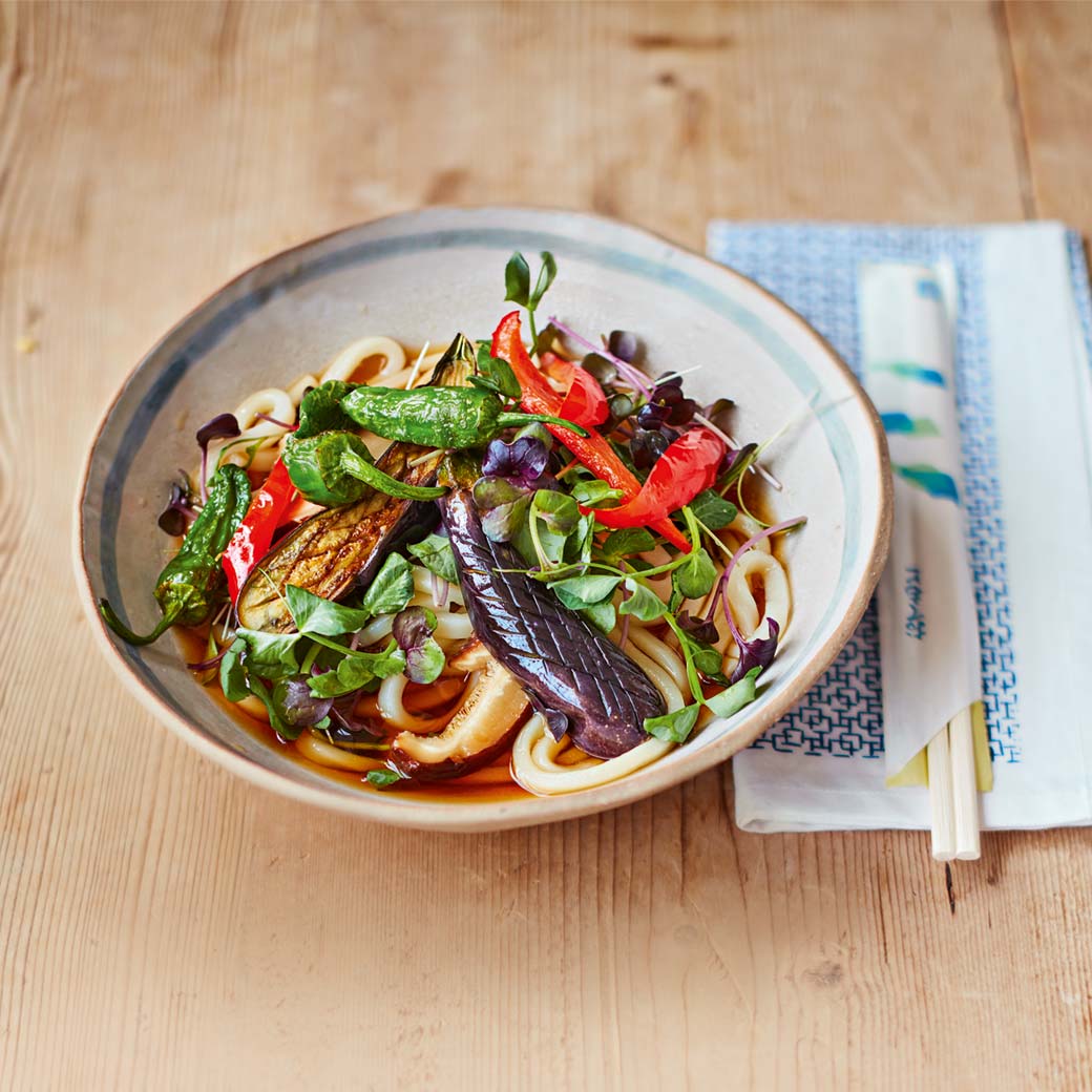 Baby Aubergine and Udon Noodles in Mushroom Dashi