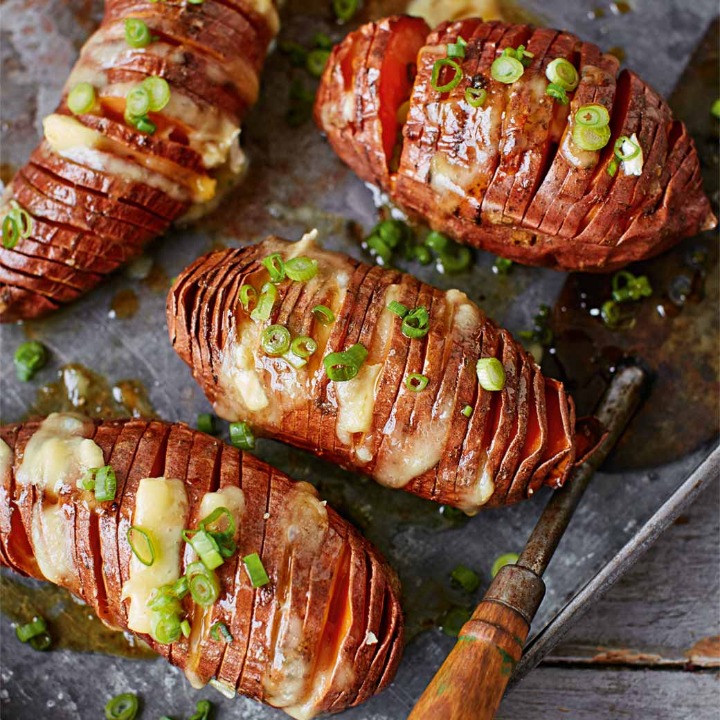 Honey-baked hasselback sweet potatoes with brie