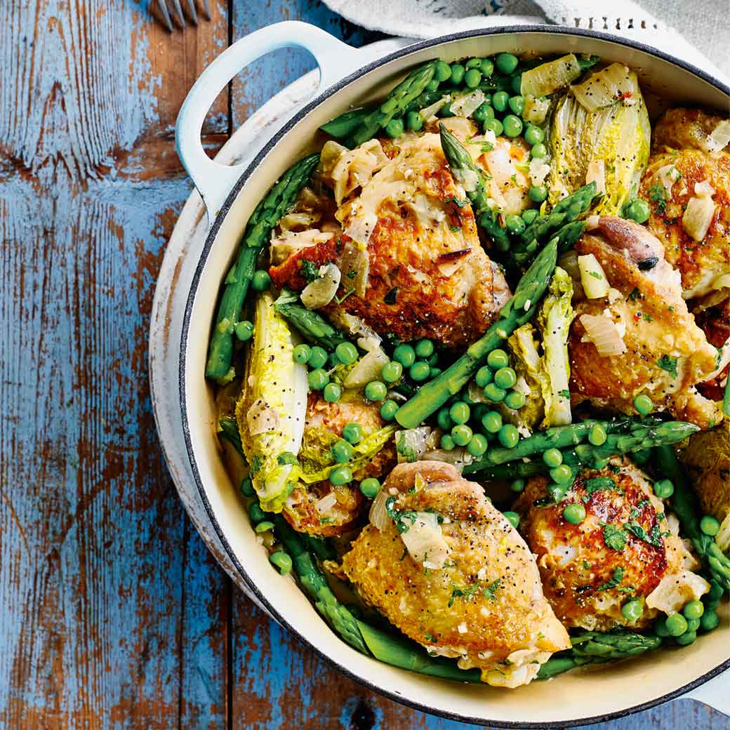 One-pot Spring Chicken  Stew with Asparagus,  Peas and Lettuce