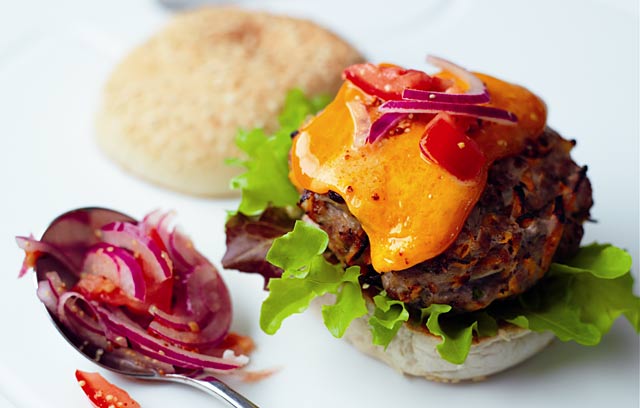 Red Leicester Burgers with Tomato and Onion Relish 