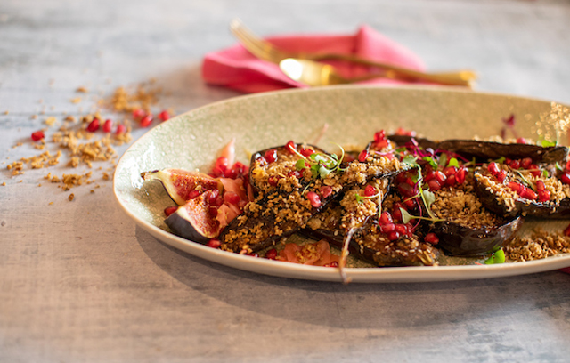 Miso aubergine with ginger oat crumble