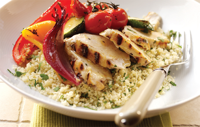 Barbecue Arbeque Chicken with Coriander Couscous and Elderflower Roasted Vegetables 