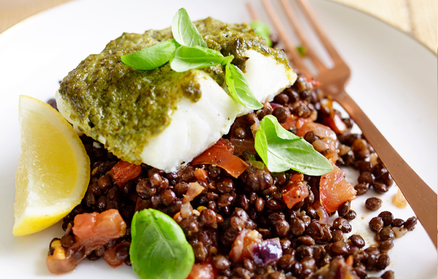 Baked Cod with Basil Pesto and Puy Lentils