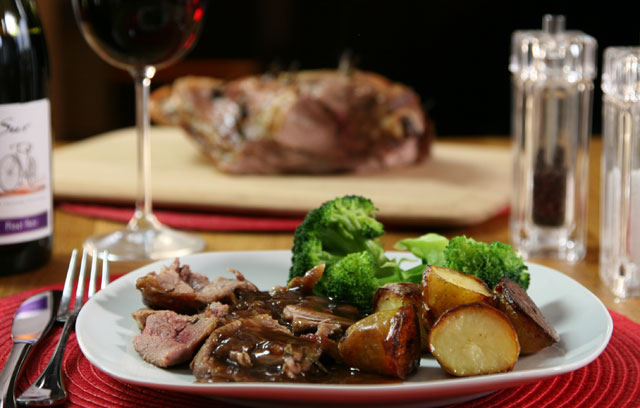 Roast Lamb and New Potatoes with Red Onion & Balsamic Gravy.