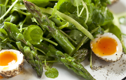 Asparagus with Peppered Soft Boiled Quails' Eggs, Watercress and Wasabi Dressing