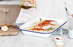 Madeleine Shaw's Tray Roasted Cod with Olives, Smoked Paprika & Asparagus