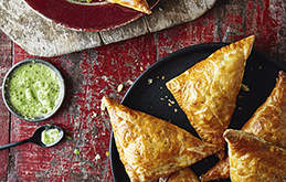 Chicken & Pea Curry Puffs with Fiery Green Chutney