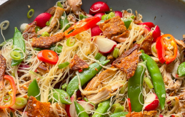 Crispy Chicken Skin and Radish Noodle Salad