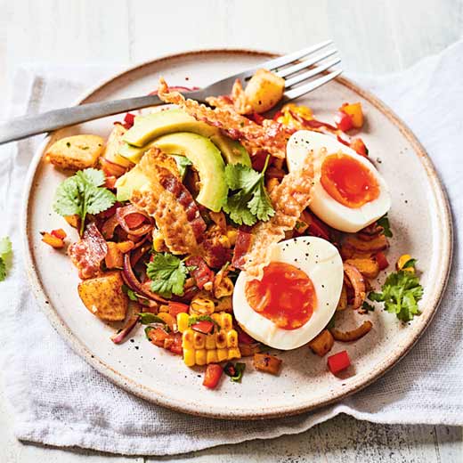 Sweetcorn Hash with Soft-Boiled Eggs and Crispy Pancetta