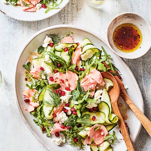 Shaved Courgette Salad with Salmon, Feta and Pomegranate  