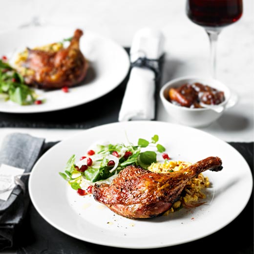Spiced, Slow-Roasted Duck Legs with Fig Chutney, Chickpea Mash and Fennel Salad