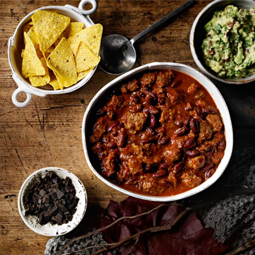 Chunky Chilli with Chocolate and  Quick Guacamole 