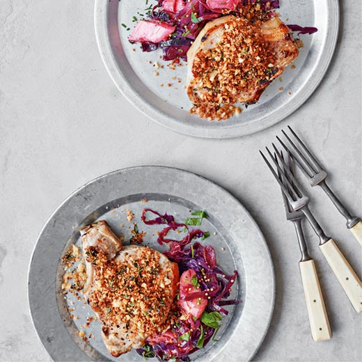 Warm Rhubarb and Red Cabbage Salad with Herb-crumbed Pork Chops