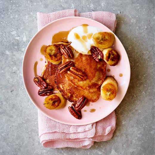 Porridge Pancakes with Caramelised Banana and Pecans