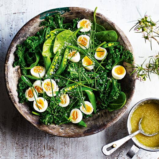 Kale, Sugar Snap Peas, Baby Spinach & Quail Egg Salad with Parmesan Dressing