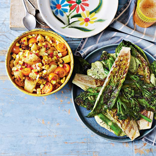 Griddled romaine and tenderstem broccoli salad with avo dressing