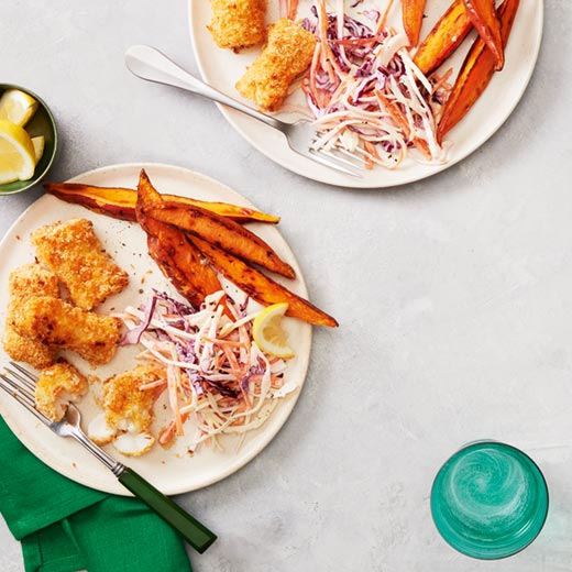 Cod goujons with winter slaw and sweet potato wedges