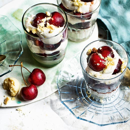 Cherries steeped in amaretto with whipped cream & yoghurt