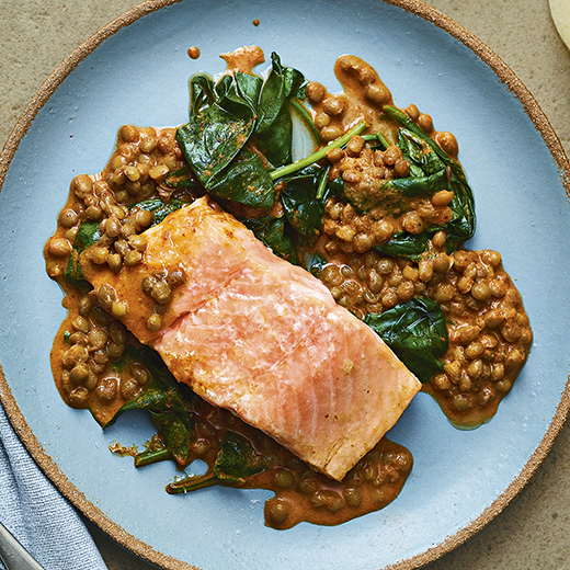 Roast Red Curry Salmon with Lentils and Spinach