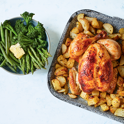 Roast Chicken and Charlotte Potatoes with Buttery Green Vegetables