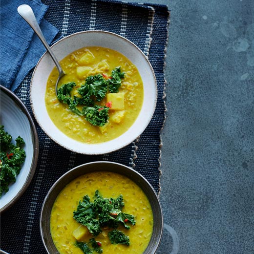 Spicy Kale Topped Red Lentil Dhal