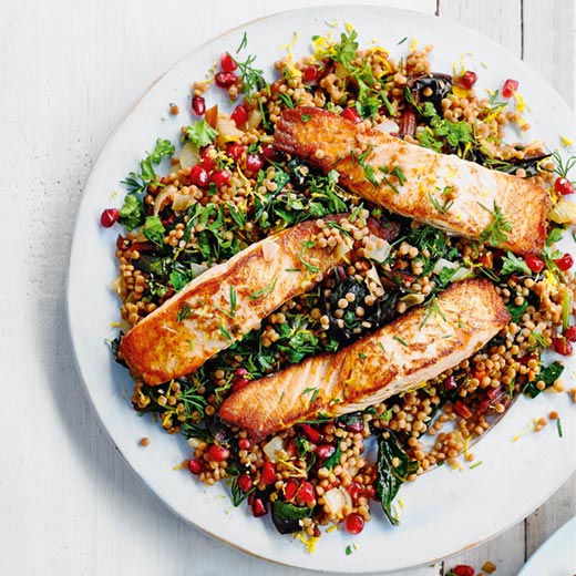 Warm Salmon, Chard and Pomegranate Salad with Giant Couscous