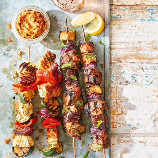 Lamb Kebabs with Red Onion, Aubergine & Pomegranate Molasses