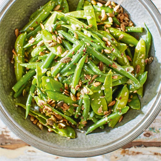 Vibrant crunchy bean salad with toasted seeds