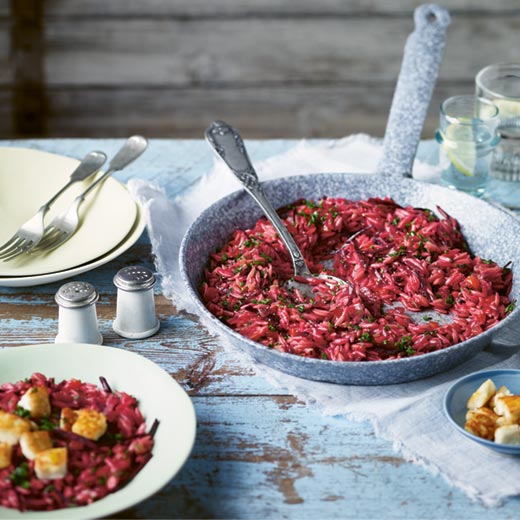 Beetroot Orzotto with Halloumi Croutons