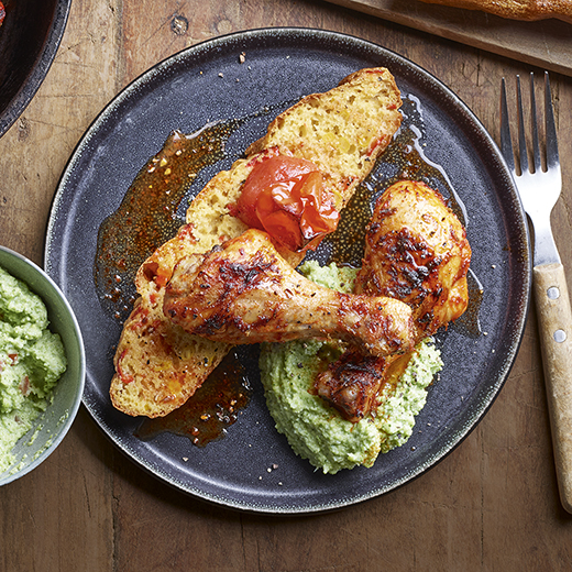 Sweet and Smoky Chicken Drumsticks with Cornbread and Broccomole  