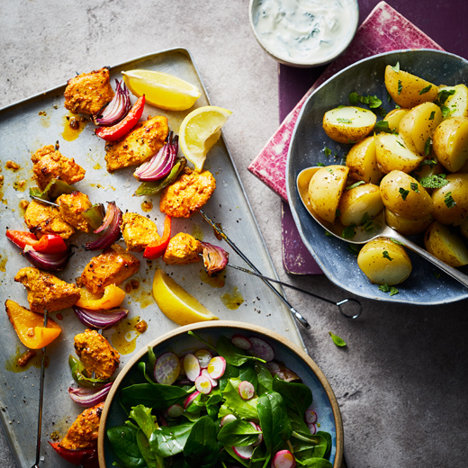 Curried Chicken Kebabs with New Potatoes and Salad